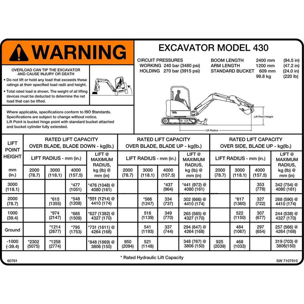 Part No. 7107910 Excavator 430 Lift Capacity Decal Fit For Bobcat